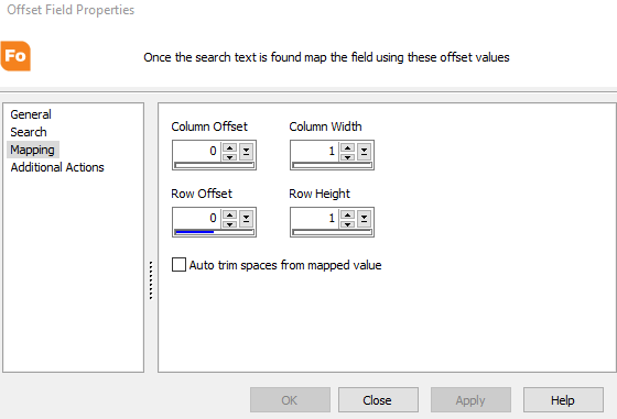 Offset field properties dialog. Mapping is selected from the tree on the left. On the right, set the row and column offsets, the row height, and the column width.